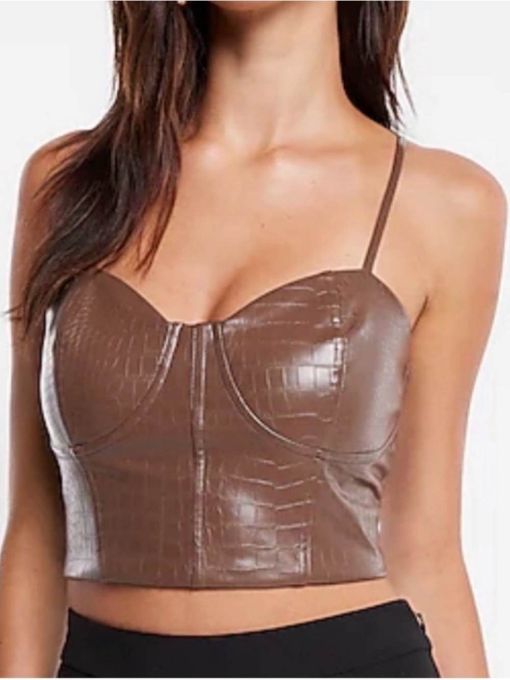 Express Body Contour Collection Brown Faux Leather Crop Top Womens Medium